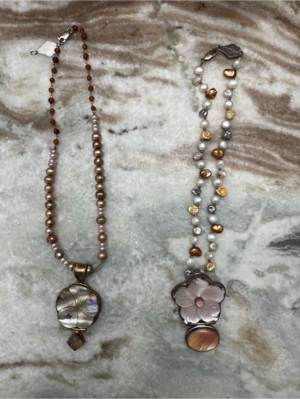 2 necklaces-Pearl and Shell Flower Pendant Necklace in Pink and Gold freshwater